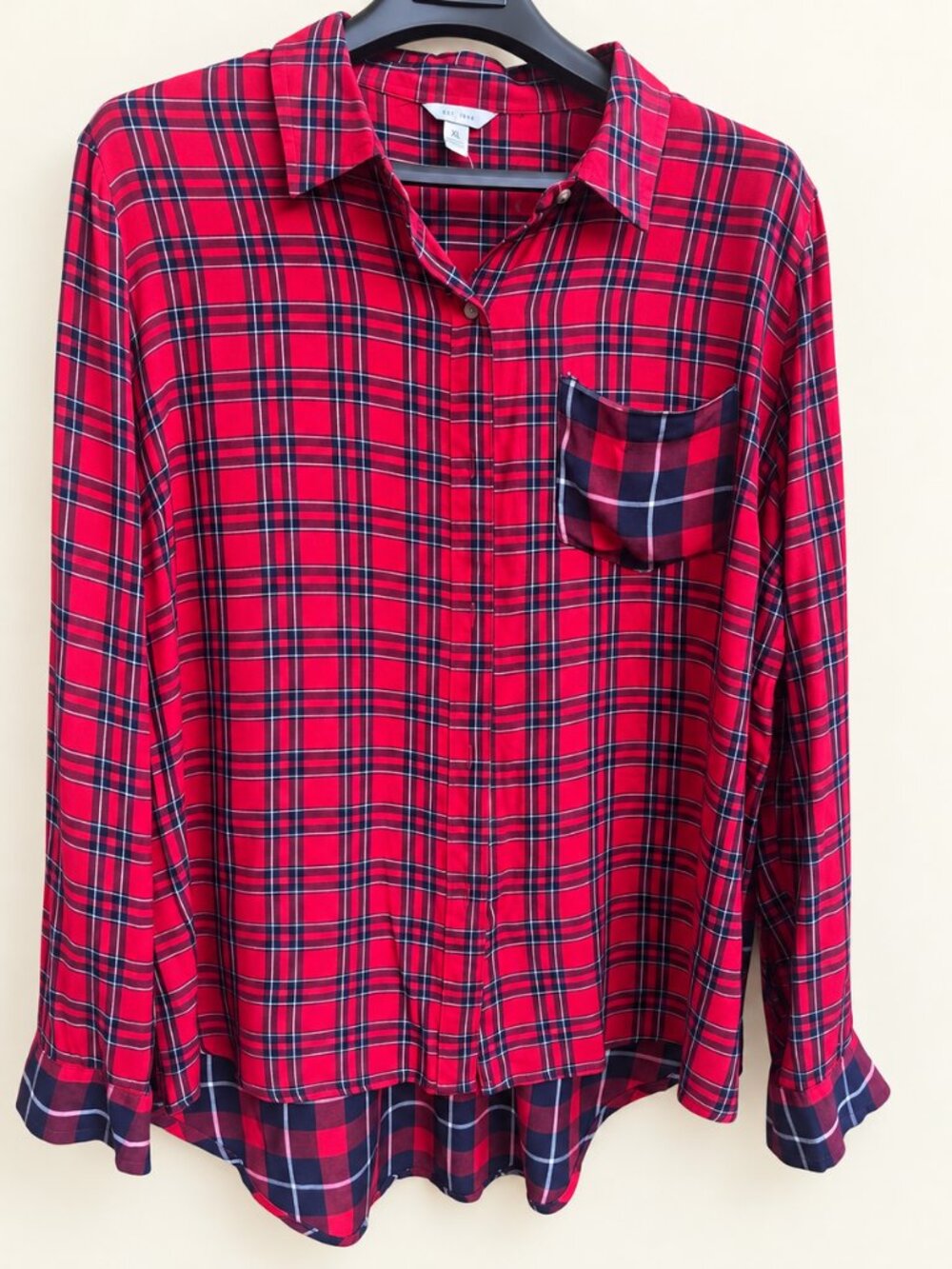 Red Navy Plaid XL Long Sleeve Button Front Shirt Contrast Pocket Cuffs